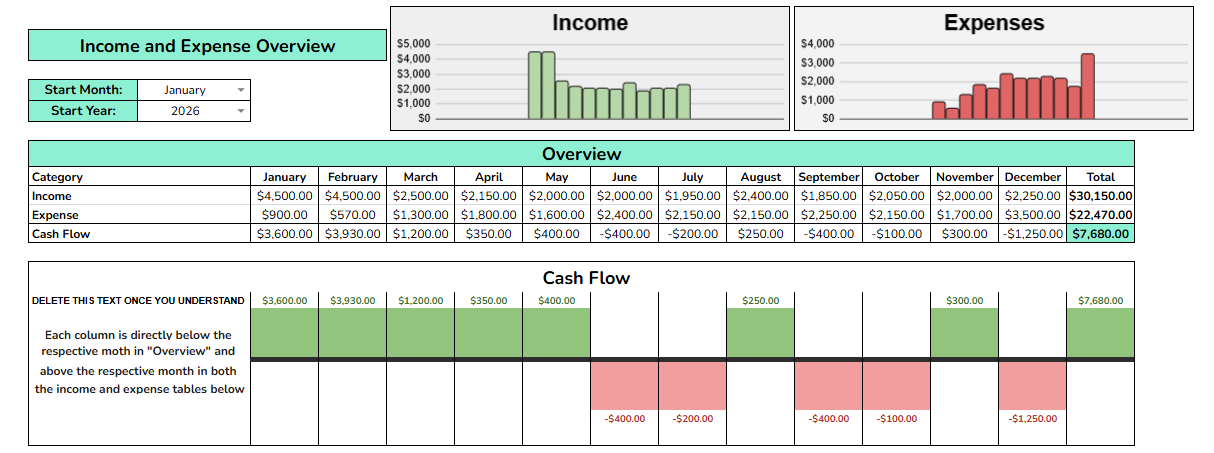 Annual income, expense, and cash flow overview