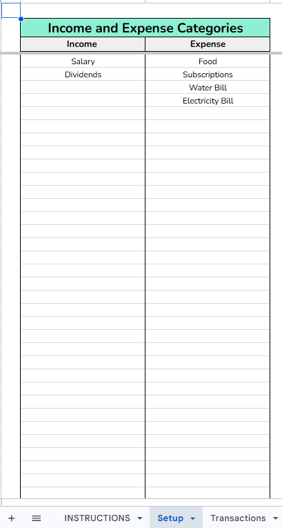 Income and expense category setup page