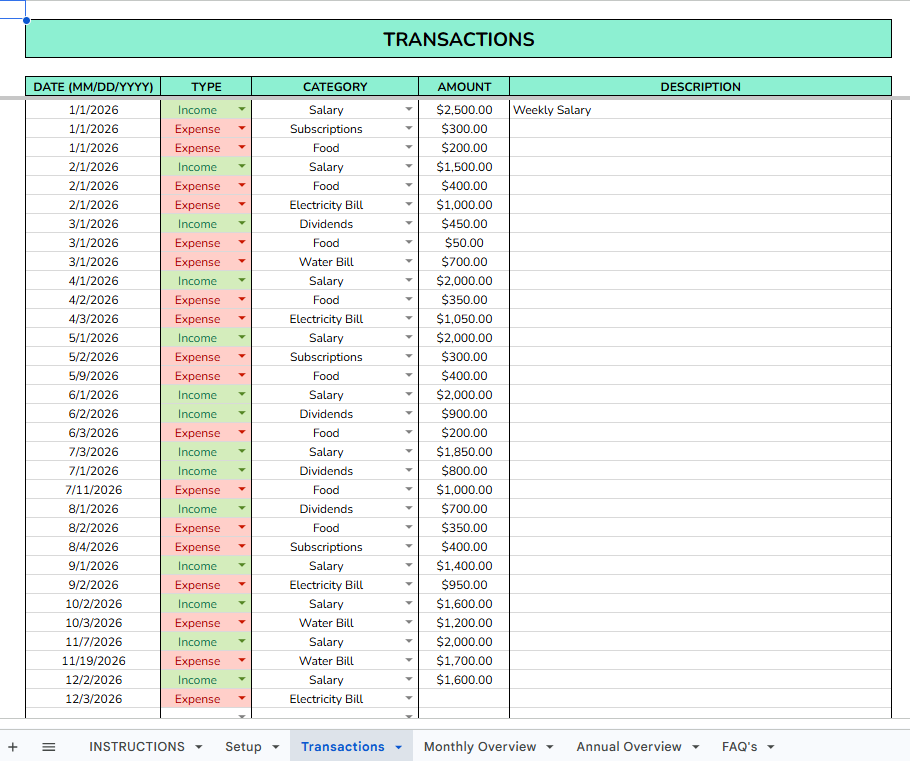 Transactions list